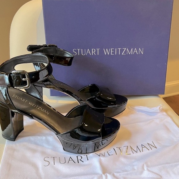 New In Box Stuart Weitzman “Real Deal” black patent leather platform sandals 7.5 - Picture 2 of 9